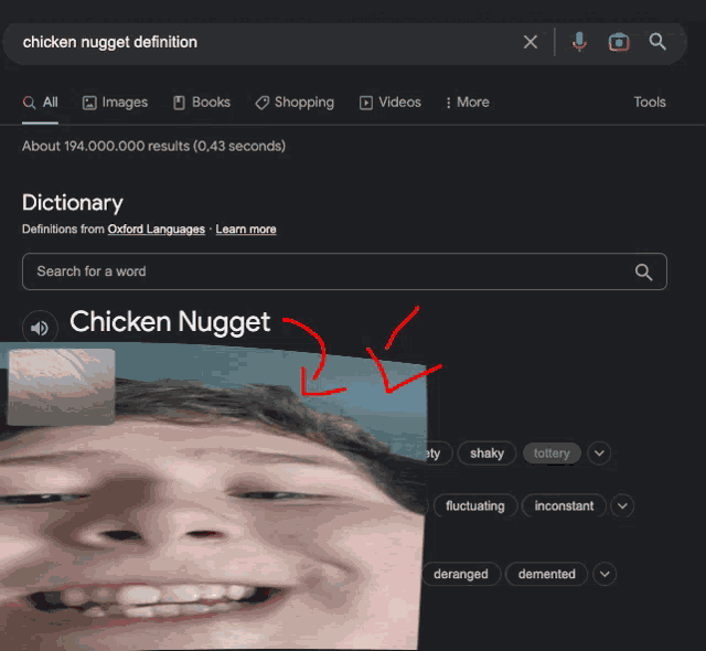a google search for chicken nugget definition shows a picture of a man