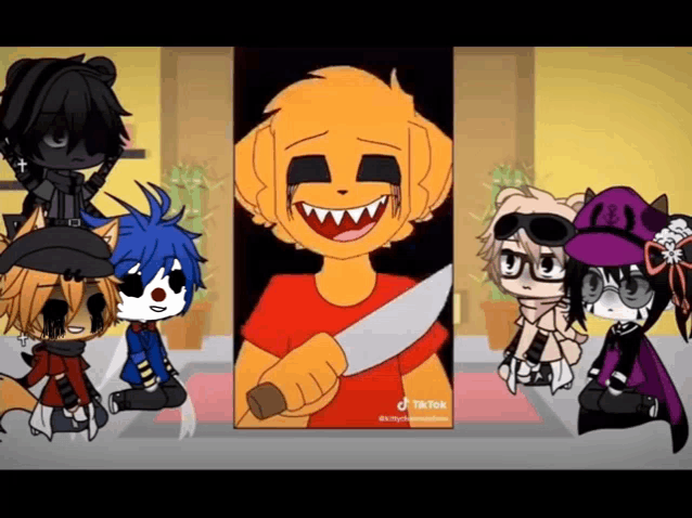 a group of cartoon characters are gathered around a cartoon character holding a large knife