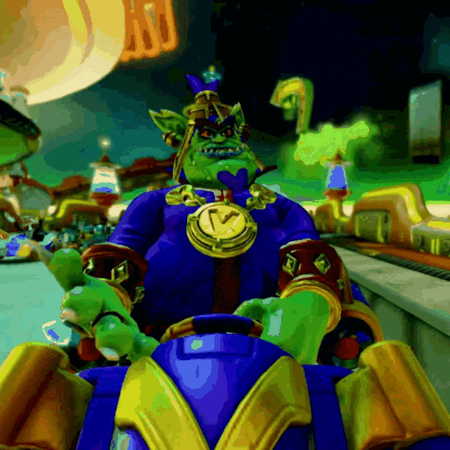 a cartoon character with a clock around his neck is sitting on a blue vehicle