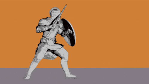 a black and white drawing of a person carrying a shield on their back