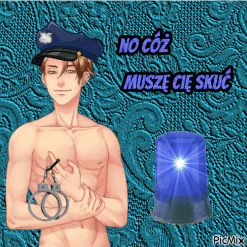 a picture of a shirtless police officer with handcuffs and a blue light