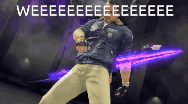 a man in a blue jacket is holding a purple sword and the words weeeeeeeee are above him