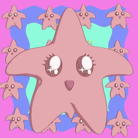 a pink starfish with big eyes is surrounded by smaller starfish on a pink background