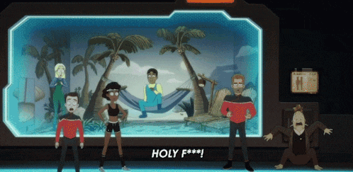 a group of cartoon characters standing in front of a screen that says holy f ***