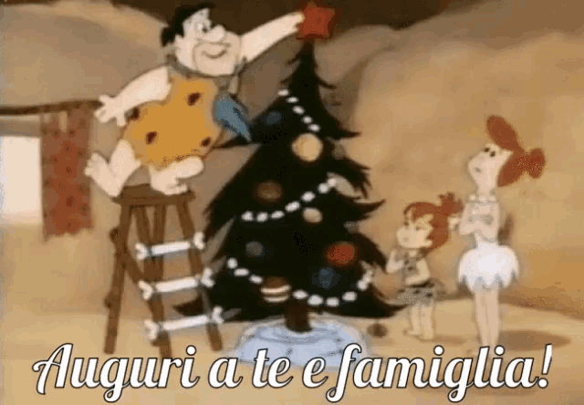 a cartoon of flintstone decorating a christmas tree