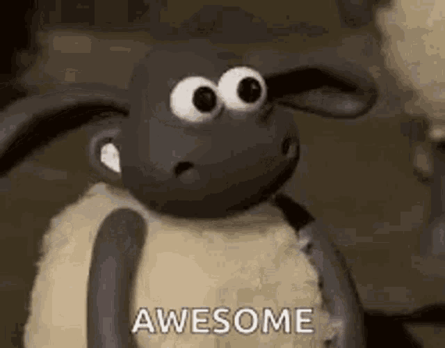 a close up of a cartoon sheep with big eyes saying `` awesome '' .