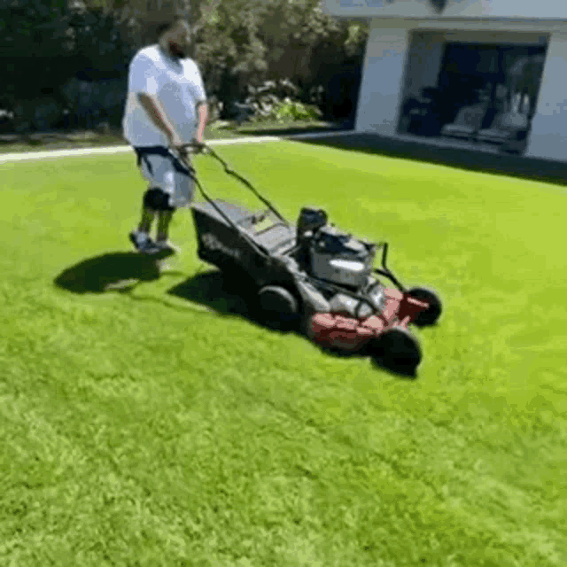 a man is using a lawn mower to cut the grass in a backyard .