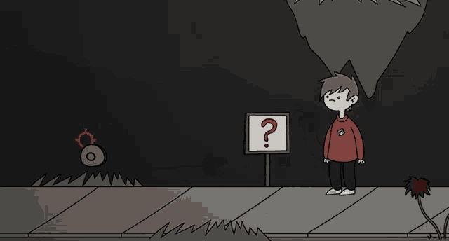 a cartoon of a boy standing next to a sign with a question mark