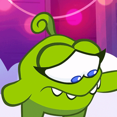 a green cartoon character with blue eyes and a swirl on its head
