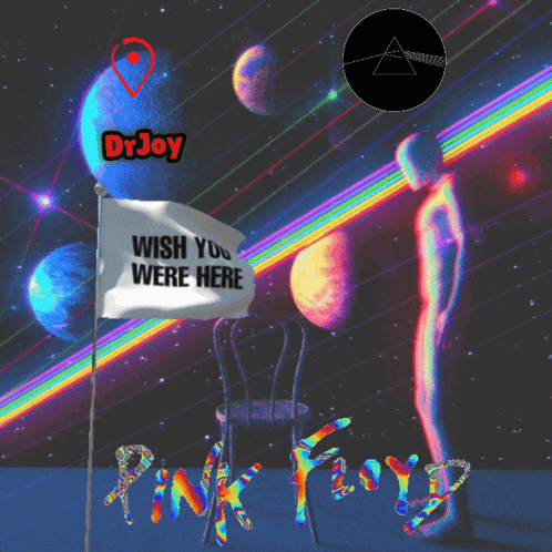 a poster for pink floyd with a man standing in front of a flag that says wish you were here