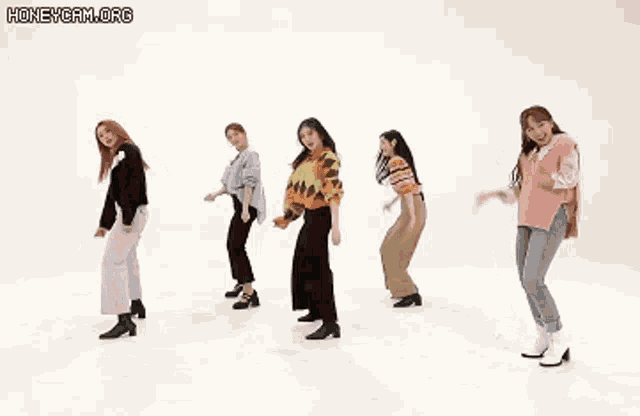 a group of women are dancing in a line on a white background
