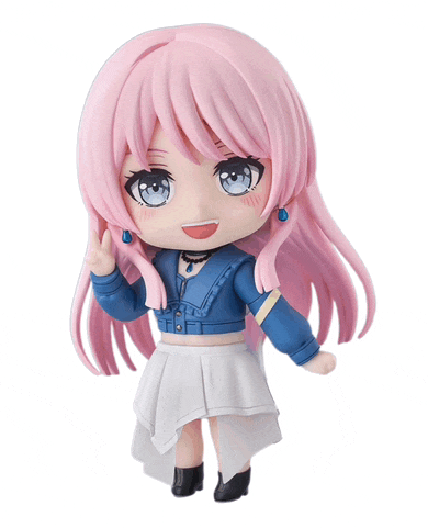 a doll with pink hair and blue eyes is wearing a blue jacket and white skirt