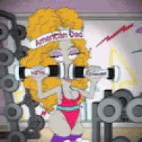 a cartoon of a woman lifting dumbbells with an american bad headband on her head