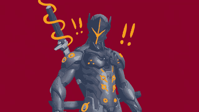 a drawing of a soldier with a sword on a red background with exclamation points