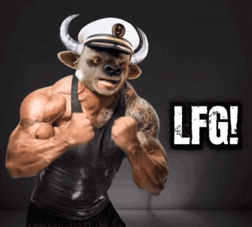 a bull with horns and a captain 's hat giving a thumbs up in front of a sign that says lfg