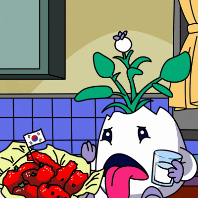 a cartoon character is holding a glass of water and a bowl of tomatoes
