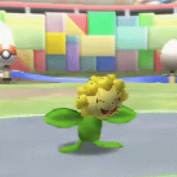 a green frog with a yellow flower on its head is walking on a road in a video game