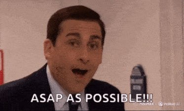 a man in a suit and tie is making a surprised face and saying `` asap as possible ! ''