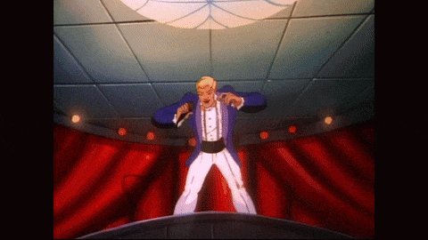 a cartoon character is singing into a microphone