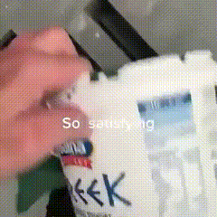 a close up of a person 's face with the words so satisfying written on it .