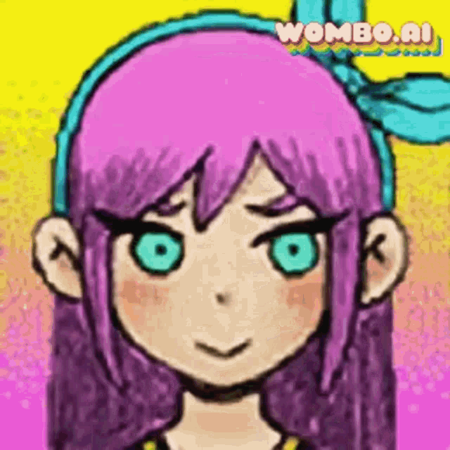 a cartoon girl with purple hair and blue eyes