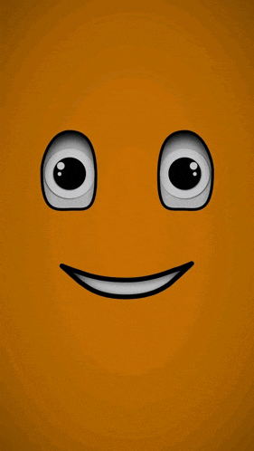 a cartoon smiley face with big eyes and a smile on an orange background
