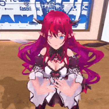 a 3d anime girl with red hair and blue eyes is kneeling down in front of a wall .