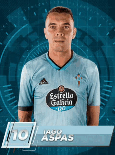 a man wearing a light blue shirt with estrella galicia on it
