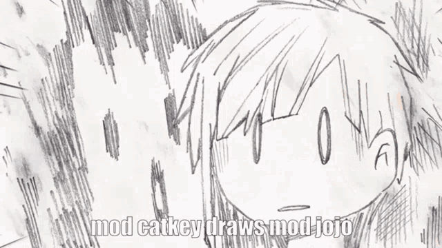 two cartoon characters are standing in front of a window with the words mod catkey draws mod jojo written below them