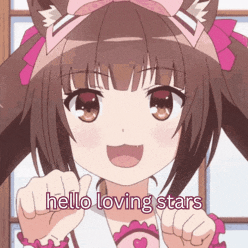 a cute anime girl says hello loving stars with her paws up