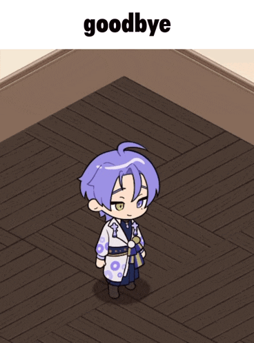 a cartoon character standing on a wooden floor with the words goodbye written above him
