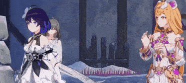 a group of anime girls are standing next to each other in a room .