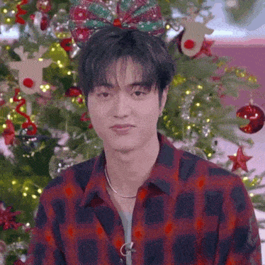 a young man wearing a plaid shirt and a bow on his head is standing in front of a christmas tree .