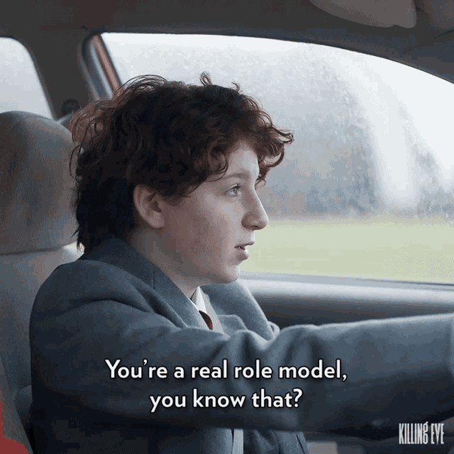 a person in a car with the words " you 're a real role model you know that " on the bottom