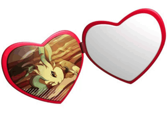 a heart shaped mirror with a picture of a rabbit