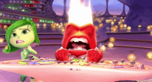 a cartoon character with a red face is sitting at a table with his mouth open