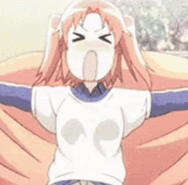 a girl with red hair is making a funny face with her mouth open