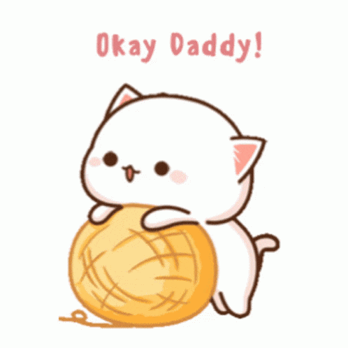 a cartoon cat is holding a ball of yarn and says okay daddy .