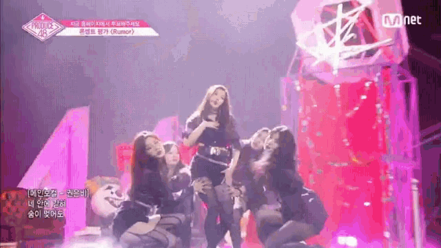 a group of girls are dancing on a stage with a mnet logo in the background .