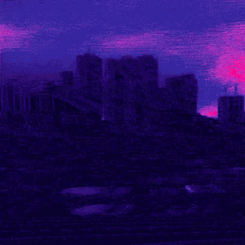 a painting of a city skyline at sunset with a pink and blue background .