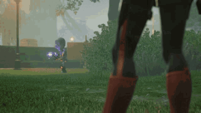 a person standing in a park with a purple object in their hands