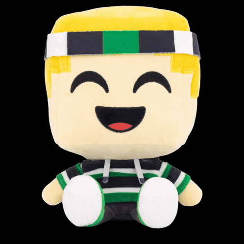 a stuffed toy with a yellow headband and green and black striped shirt
