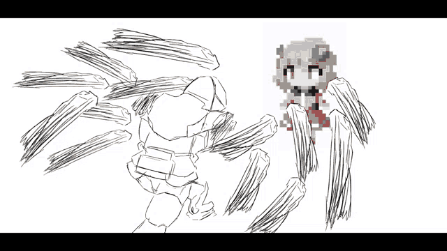 a black and white drawing of a spider with a pixelated image in the background