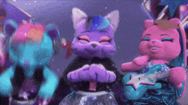 a group of stuffed animals are singing and playing instruments