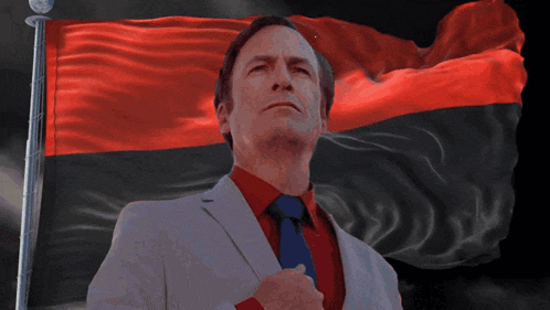 a man in a suit and tie stands in front of a flag