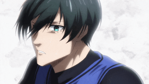 a man with black hair and blue eyes is wearing a blue vest
