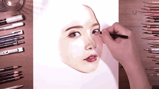 a person is drawing a woman 's face with colored pencils and markers