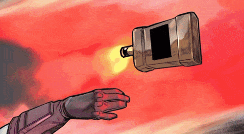 a cartoon drawing of a hand reaching for a bottle with a black square on it