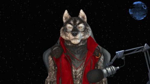 a wolf wearing glasses and a red vest is sitting in front of a microphone in space