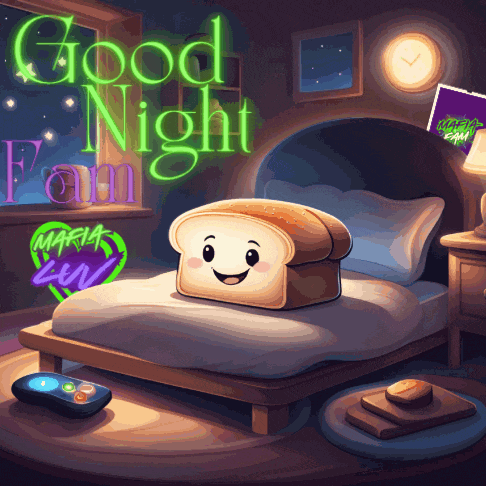 a cartoon illustration of a slice of bread sitting on a bed with the words good night fan written above it